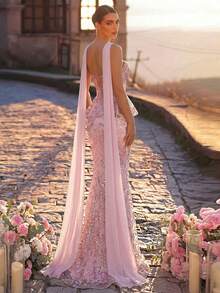 Glamrae Elegant Luxurious 3D Floral Beaded Sequin Lace Sexy Strapless Mermaid Gown For Wedding Events, Bachelorette Parties, Vacations, Holiday Evening Parties (Heavy Embellishment Style) - Pink - View 2
