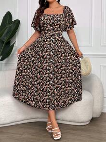 Vionelle Plus Size Women's Ditsy Floral Print Square Collar Buttoned Dress Maxi Women Outfit - Black - View 9