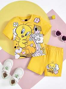 LOONEY TUNES X SHEIN 女嬰卡通Tweety彩虹俏皮印花玫瑰粉可愛休閒短袖T恤與短褲套裝 - 黃色 - 查看 3