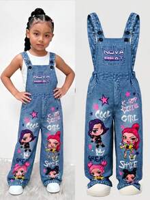 Young Girls' Woven Chain, Funny Cool Girl Letter Print Bib Pants, Fashionable Back-To-School Item, Personalized Jumpsuit For Spring, Summer, Autumn - Blue - View 8