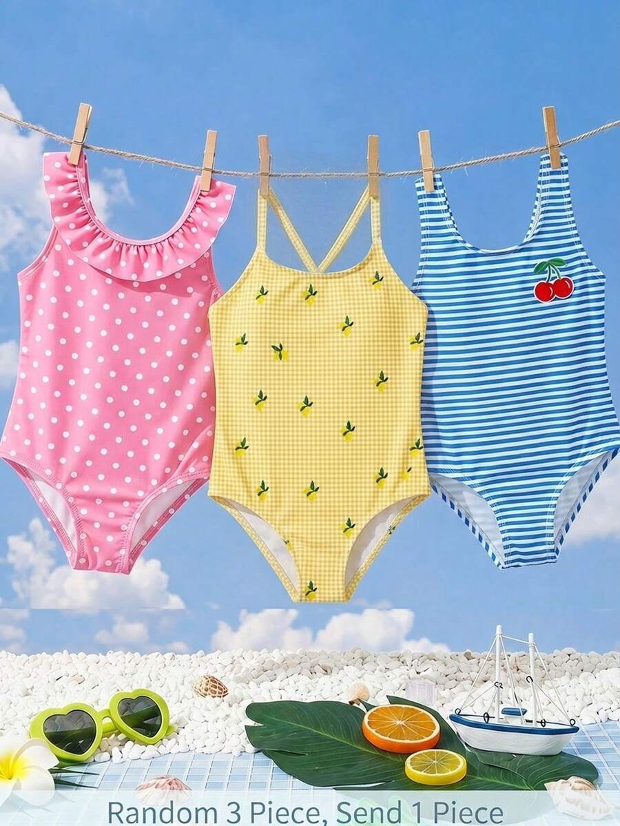 Sunshine Lemon Yellow, Mini Lemon Plaid Pattern, Baby Girls Casual Minimalist Spaghetti Strap Fitted One-Piece Swimsuit, Suitable For Summer - Multicolor - View 1