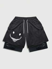 ROMWE MEN Anime Men's Snake Head Print Drawstring Waist Double-Layer Shorts - Multicolor - View 3