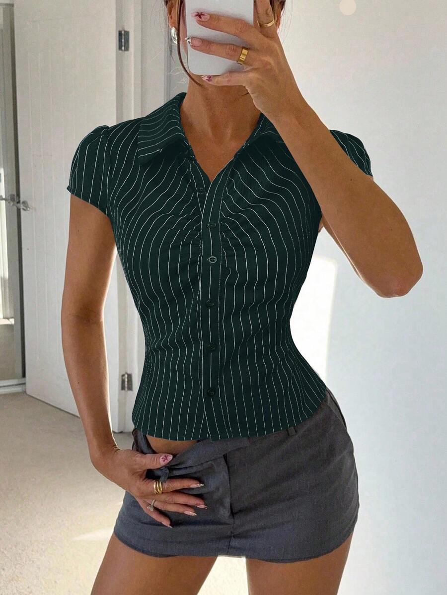 Siren Gaze Women's Dark Green Single-Breasted Fitted Versatile Daily Outing Everyday Shirt Summer Casual Sexy Smart Casual Elegant Office Daytime Going Out Night - Dark Green - View 1