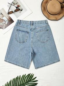 SHEIN Y2K Fashion Rhinestone Striped Washed Versatile Denim Shorts - Light Wash - View 2