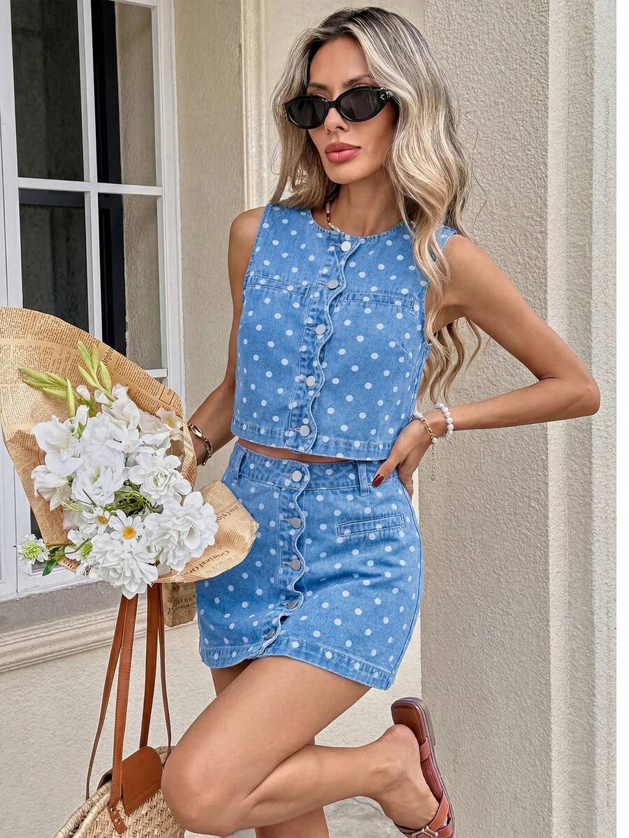 Serisse Women's Polka Dot Print Vest & Denim Skirt Set, Summer Outfits, Holiday, Commuter, Casual, Elegant Set, Birthday Set, Blue Polka Dot Set For Lady. - Black - View 1