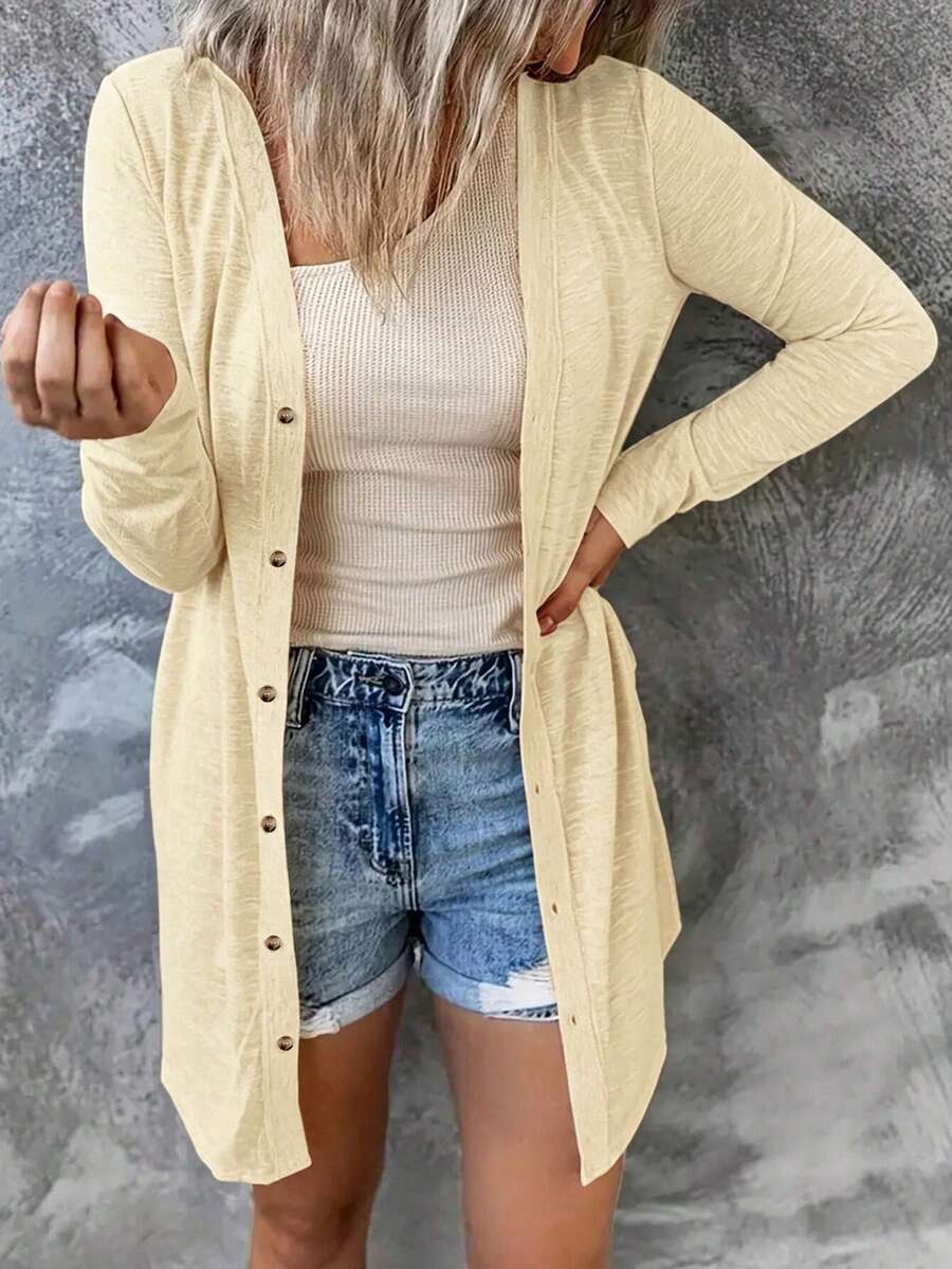 EMERY ROSE Women's Spring/Autumn Casual Daily Commute Minimalist Versatile Solid Color Single-Breasted Lightweight Jacket - Light Yellow - View 1