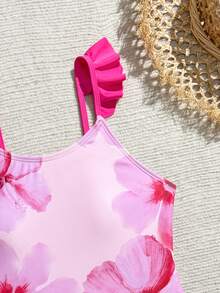 SHEIN Tween Girls Cute Floral Print Shoulder Strap Ruffle Design One-Piece Swimsuit With Ruffle Cover-Up Skirt, Suitable For Swimming, Vacation, Summer Beach - Multicolor - View 3
