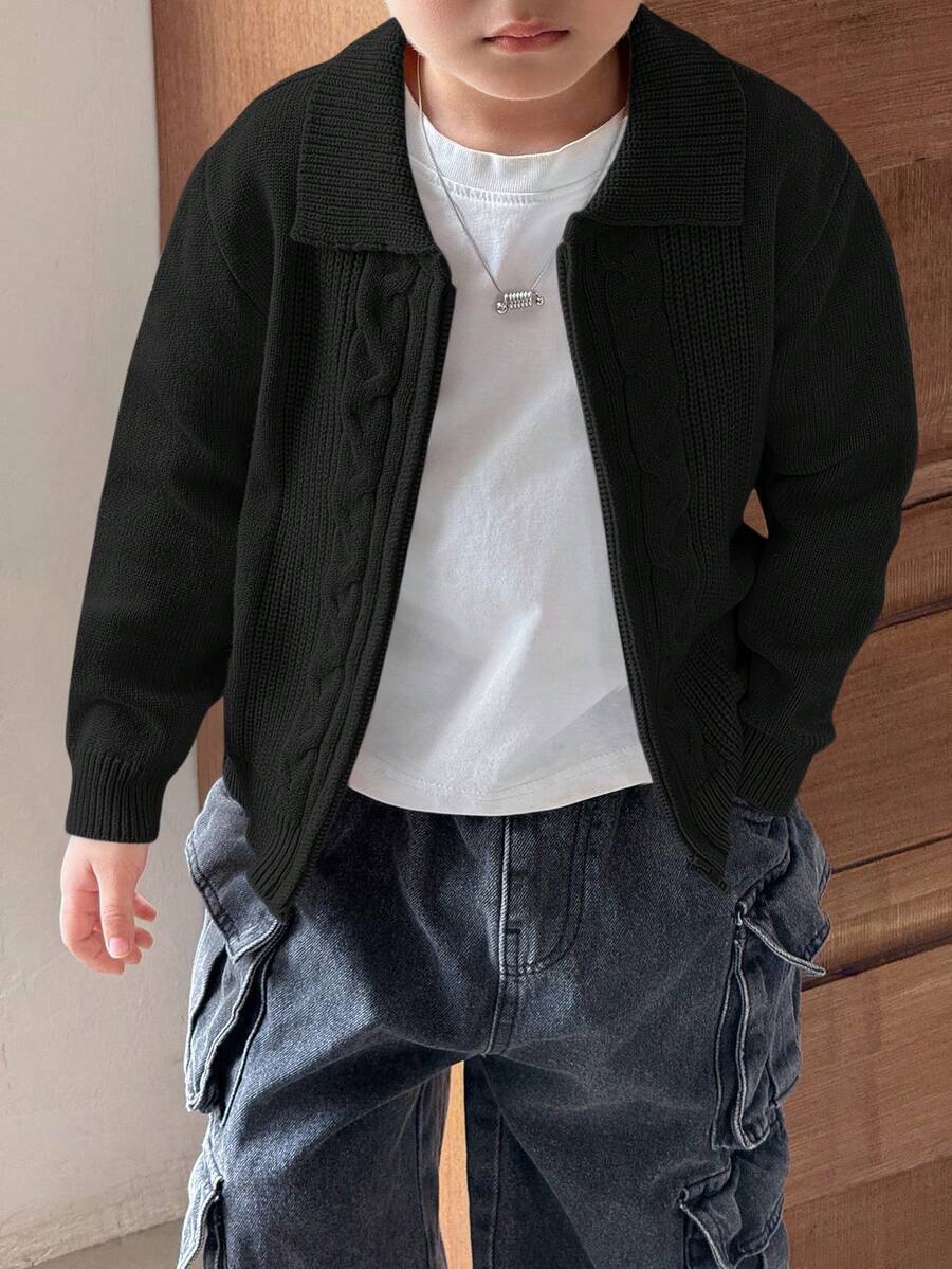 SHEIN 小男孩拉鍊純色休閒百搭日常出遊開襟外套 - 黑色 - 查看 1