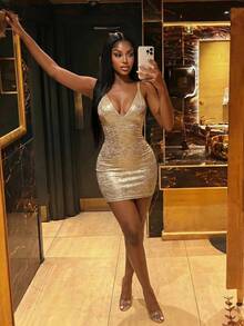 BamGleam Women's V-Neck Sleeveless Fitted Sequin Dress,Champagne Gold Sparkly Glitter Party Dresses,Elegant Night Out Summer 70s New Year's Eve Outfit - Gold - View 3