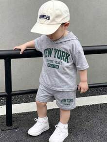 SHEIN Playful Pals Baby Boys Spring/Summer Pullover Sweatshirt & Sports Shorts Set, Pattern Accents, Suitable For Daily Outings, School Wear, Family Gatherings, Birthday Parties, Casual Photos, Outdoor Wear - Grey - View 7