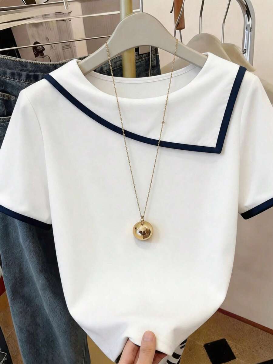 Calvaya Plus Size Women's Elegant Commute Home Daily Casual Colorblock Trim T-Shirt - White - View 1