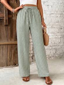 SHEIN Frenchy 休閒極簡風綠色條紋女款長褲，16%棉，適合夏季 - 綠色 - 查看 5