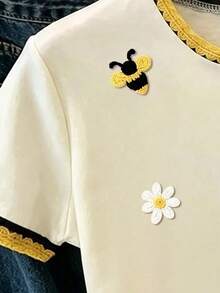 Mädchen Kurzarm T-Shirt, Allover-Muster, süßer Rüschen-Rundhals, Bienen- und Gänseblümchen-Faux-Stickerei-Muster, lässig, vielseitig kombinierbar für den Alltag - Verschiedenfarbig - Übersicht 3
