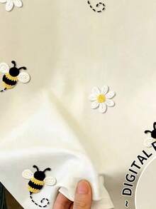 Mädchen Kurzarm T-Shirt, Allover-Muster, süßer Rüschen-Rundhals, Bienen- und Gänseblümchen-Faux-Stickerei-Muster, lässig, vielseitig kombinierbar für den Alltag - Verschiedenfarbig - Übersicht 5