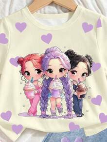 SHEIN Sparklyn 1套少女可愛Y2K愛心印花女孩圖案圓領短袖T恤與紫色花卉印花短褲套裝，春夏季穿搭，居家與校園清新夏季穿著 - 彩色 - 查看 6