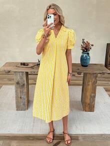 EMERY ROSE Women's Plaid Short Puff Sleeve Casual Loose Mid-Length Dress - Light Yellow - View 6