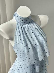 SHEIN PETITE 女款春夏休閒度假風荷葉邊拼接四層雪紡藍色波點布料優雅顯瘦抓皺修身海灘上衣 - 藍色 - 查看 7
