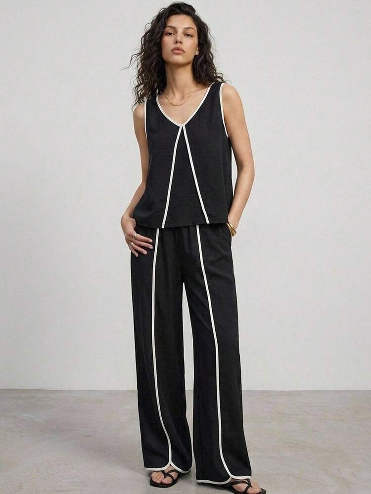 Women's Patchwork Contrast Color Black And White Business Tank Top & Pants,Casual Vacation Street Style Two Pieces Set Lounge Sets,Summer,Chic,Brunch