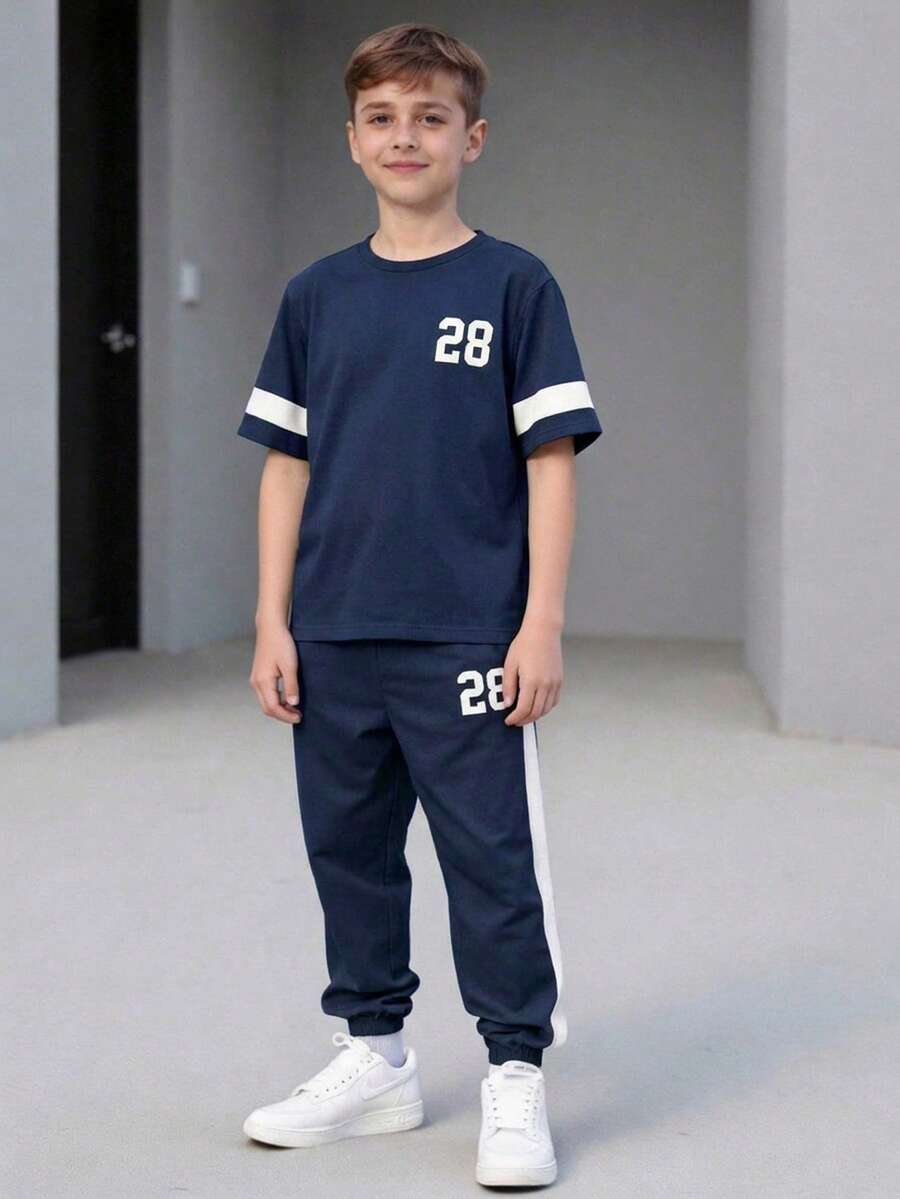 SHEIN 2件/組 青少年男童休閒極簡數位印花圓領套頭上衣套裝,配色拼接設計,適合夏季、運動、跑步、戶外 - 藏蓝色 - 查看 1
