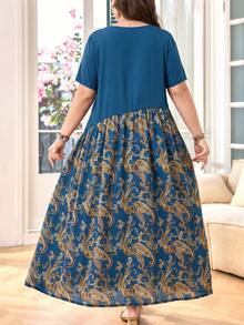 Lacomfia Casual Solid Color Patchwork Paisley Print Round Neck Short Sleeve Loose Regular Fit Plus Size Dress For Spring And Summer - Multicolor - View 2