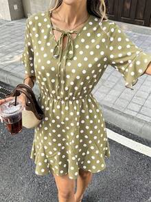 Pariaura 女款春夏法式優雅繫帶V領短袖收腰荷葉邊短波點洋裝 - 綠色 - 查看 3