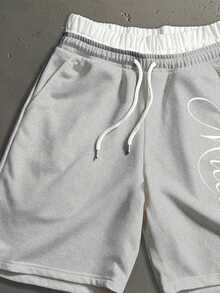 Salvezio Men's Letter Print Drawstring Double Layer Waist Shorts - Grey - View 4