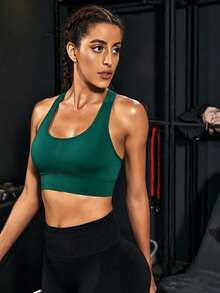 Powerista Solid Color Hollow I-Back Sports Bra (Seamless Style) - Dark Green - View 3