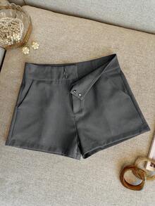 INAWLY Celana Pendek Wanita Musim Panas Minimalis Warna Polos Serbaguna dengan Kantong Miring - Dark Grey - View 3