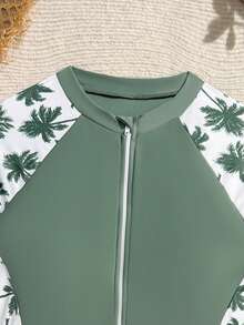 SHEIN 青少年女孩綠色棕櫚樹印花插肩袖長袖拉鍊式連身泳衣，適合游泳度假夏季（隨機印花） - 彩色 - 查看 3