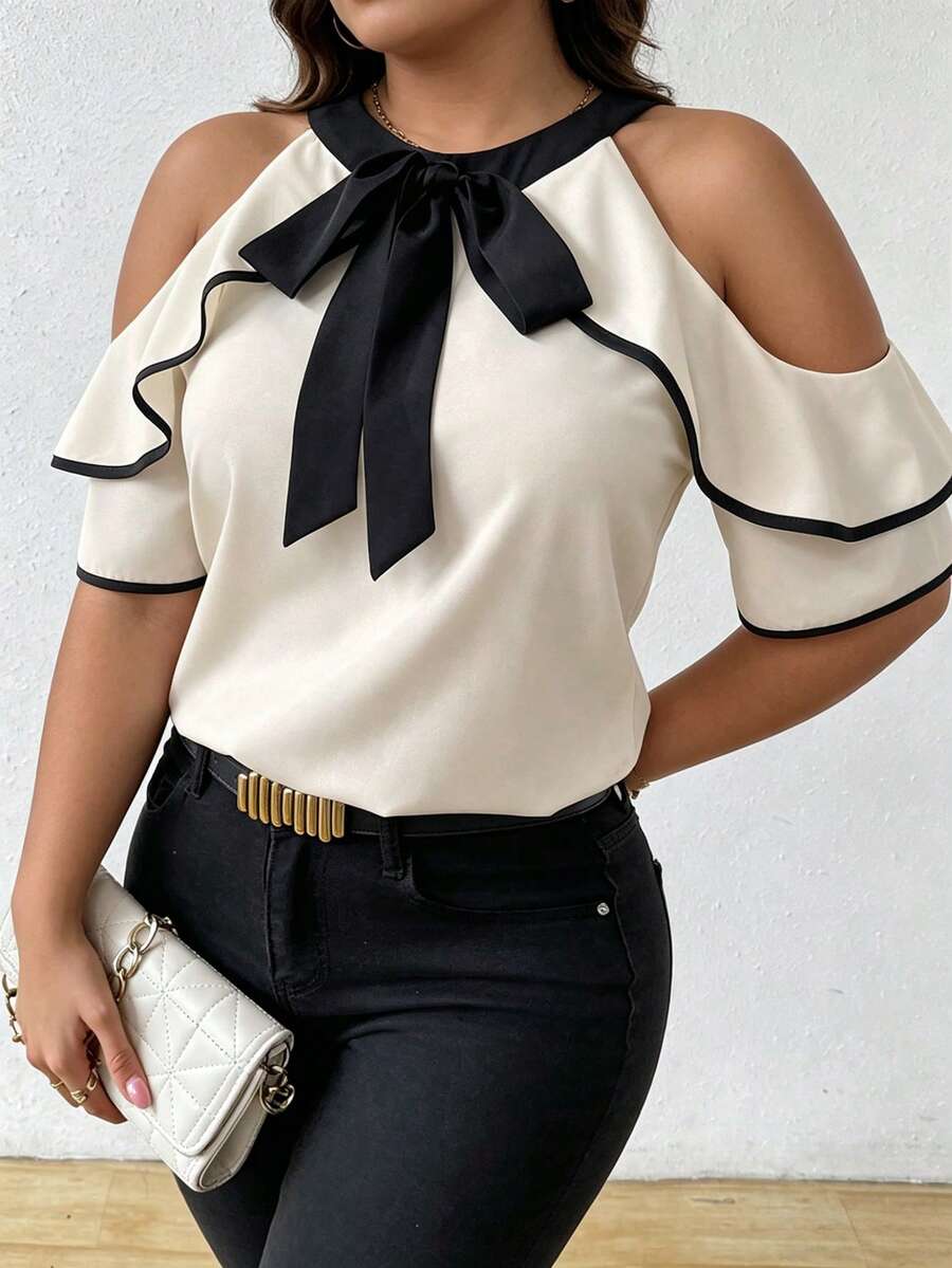 Elenzga Nouvelle chemise minimaliste polyvalente et décontractée pour femmes grande taille, design épaules dénudées avec nœud, essentiel élégant pour le trajet estival - Nude - Voir 1