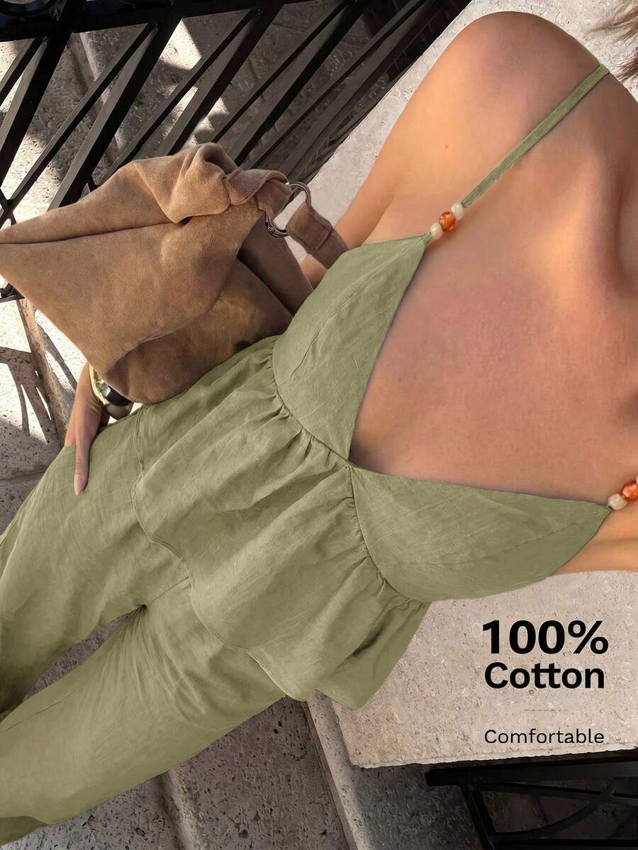 Siren Gaze Women's Solid Color Ruffle Hem Camisole Top And Pants 2 Pieces Set - Olive Green - View 1
