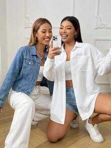 SHEIN EZwear 大码女式休闲时尚街头风短款牛仔外套，适合春秋季穿着 - 藍色 - 查看 7