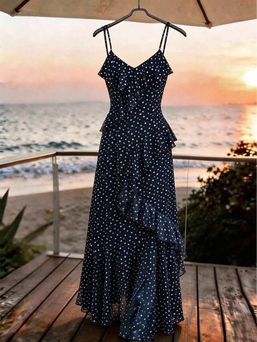 Ellevyn Đầm lãng mạn voan chiffon chấm bi hình tim đính ngọc trai bèo nhún - Màu xanh hải quân - Xem 1