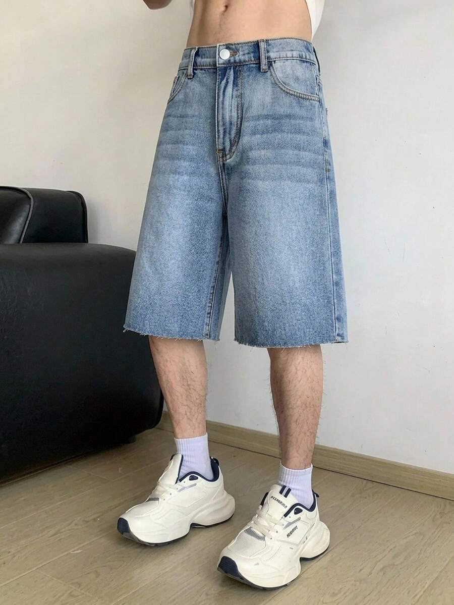 SHEIN 青少年男孩時尚休閒 Y2K 復古酷感街頭風 藍色寬鬆舒適簡約牛仔短褲 日常穿著 春夏電音節慶與街頭穿搭 - 藍色 - 查看 1