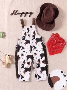 SHEIN Playful Pals 幼童男童西式牛仔休閒百搭可愛西部農場圖案印花口袋吊帶褲流蘇裝飾連身褲 - 棕色 - 查看 3