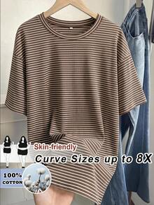 SHEIN CURVE+ Áo thun dáng rộng vai trễ kẻ sọc phong cách thường ngày mùa hè size lớn - Nhiều màu - Xem 8