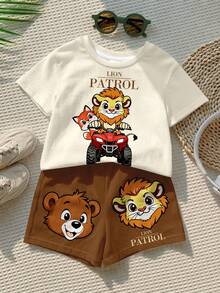 Baby Boy Casual Minimalist T-Shirt Set Suitable For Summer, Classic Cute Cartoon Lion, Bear, Fox Driving Pattern Print - Multicolor - View 4