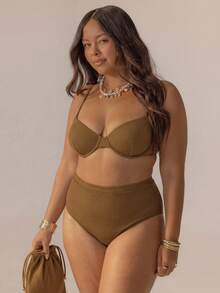 Aralina Curve Cute Striped Underwire High Waisted Bikini Set With Swim Bag For Vacation And 4th Of July Perfect For Summer Outfits And Beach Days - Brown - View 8
