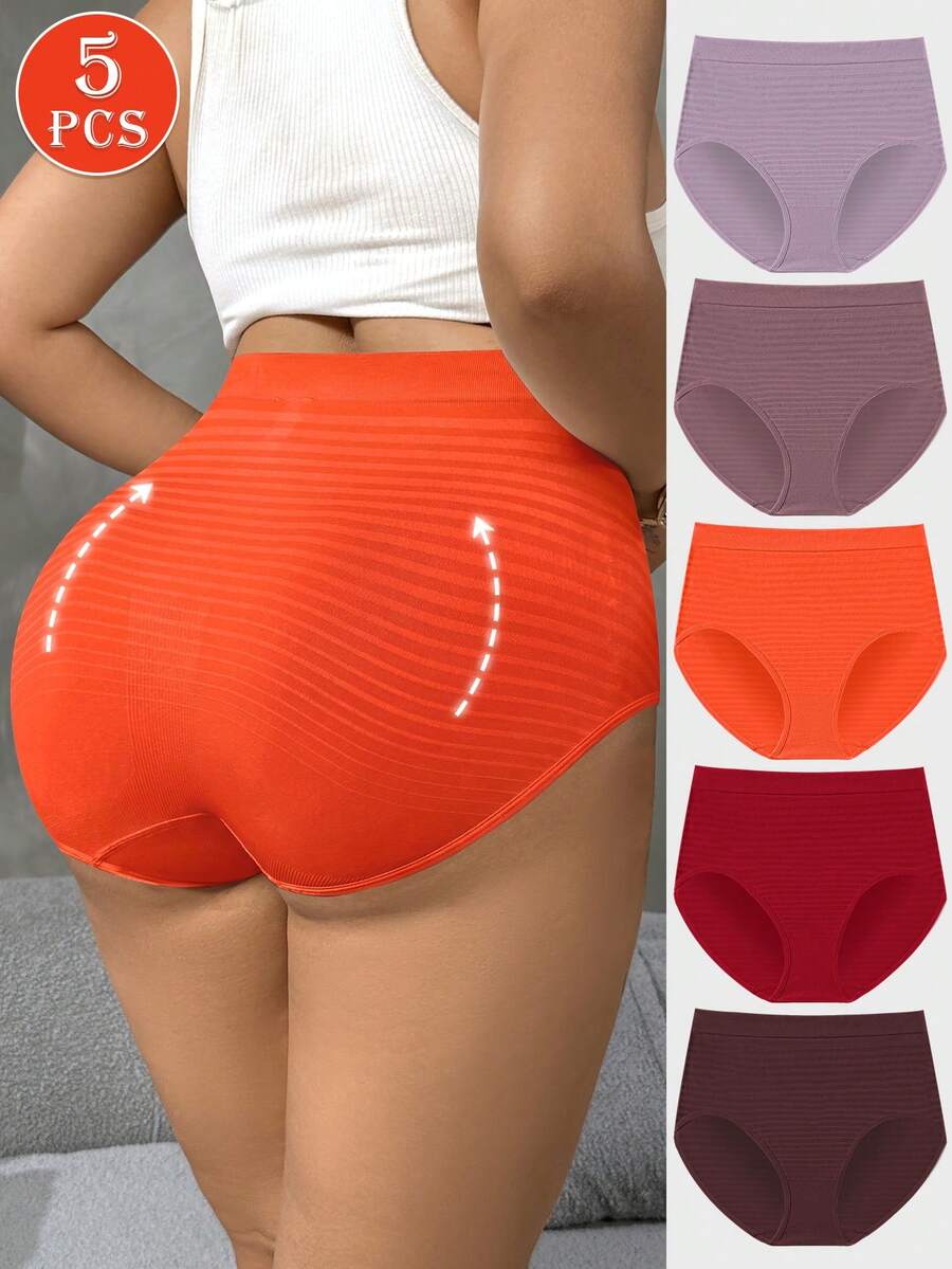 NudeFit 5PCS Women Plus Size Comfy Stretch High Waisted Striped Seamless Full-Coverage Panties - Multicolor - View 1