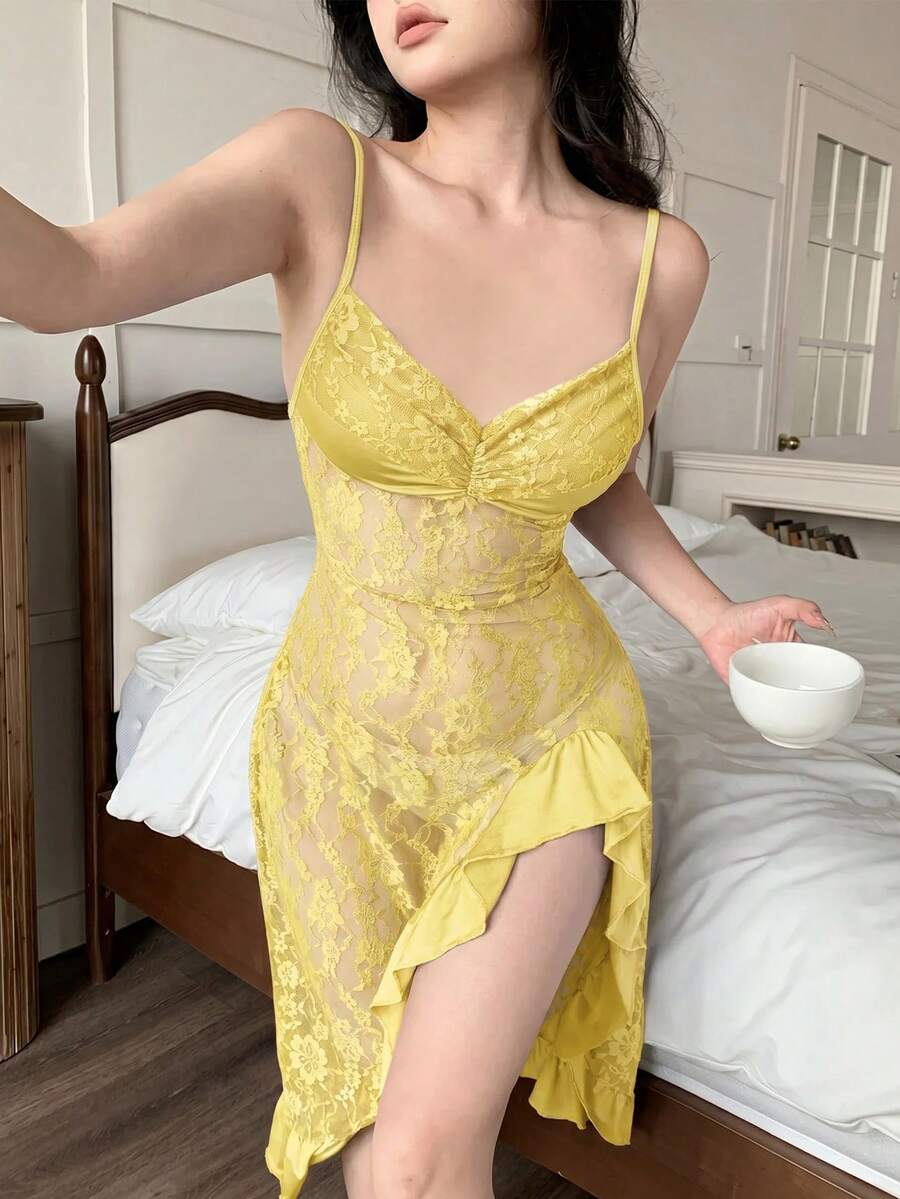 Seduluxe Cute Lace Strap Women's Nightgown Sleeping Butter Yellow Summer - Yellow - View 1
