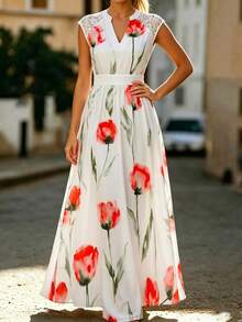 SHEIN Clasi CURVE Plus Size Women's 2026 Spring/Summer New Arrival Elegant Floral Print Background With Lace Maxi Dress,Off The Shoulder Outfit Sundress Vacation Easter - Multicolor - View 5