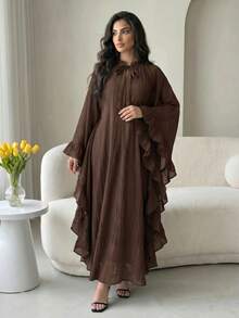 Al Najma Gaun Arab Longgar Lengan Lonceng Kerah Warna Polos untuk Wanita - Coklat - View 8