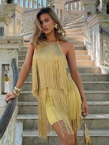 Aloruh Women's Spring/Summer New Gold Color Flowy Tassel Backless Mini Dress Suitable For Party Night Out, Evening, Y2K Sexy, Hot Girl - Champagne - View 9