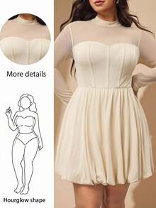 Hourglow Plus Size Women's Solid Color Round Neck Long Sleeve Mesh Fashion Dress/Autumn /Winter - Apricot - View 1