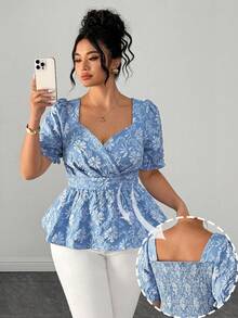 Elenzga Blusa Elegante de Mangas Bufantes com Gola Quadrada, Textura Jacquard, Cintura Franzida e Bainha com Babado, Adequada para Encontros e Uso Diário, Plus Size - Azul - Visão 1