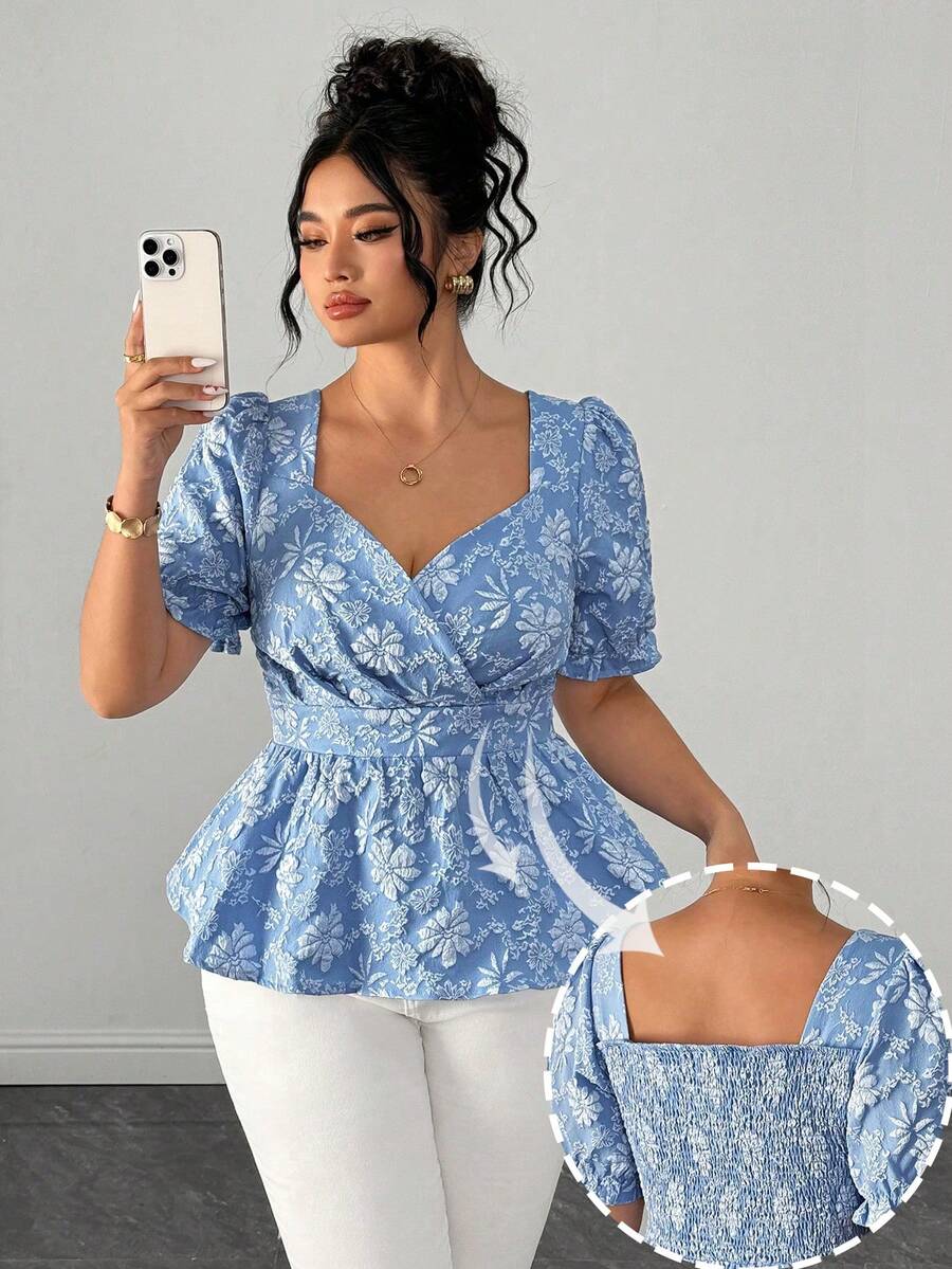 Elenzga Blusa Elegante de Mangas Bufantes com Gola Quadrada, Textura Jacquard, Cintura Franzida e Bainha com Babado, Adequada para Encontros e Uso Diário, Plus Size - Azul - Visão 1
