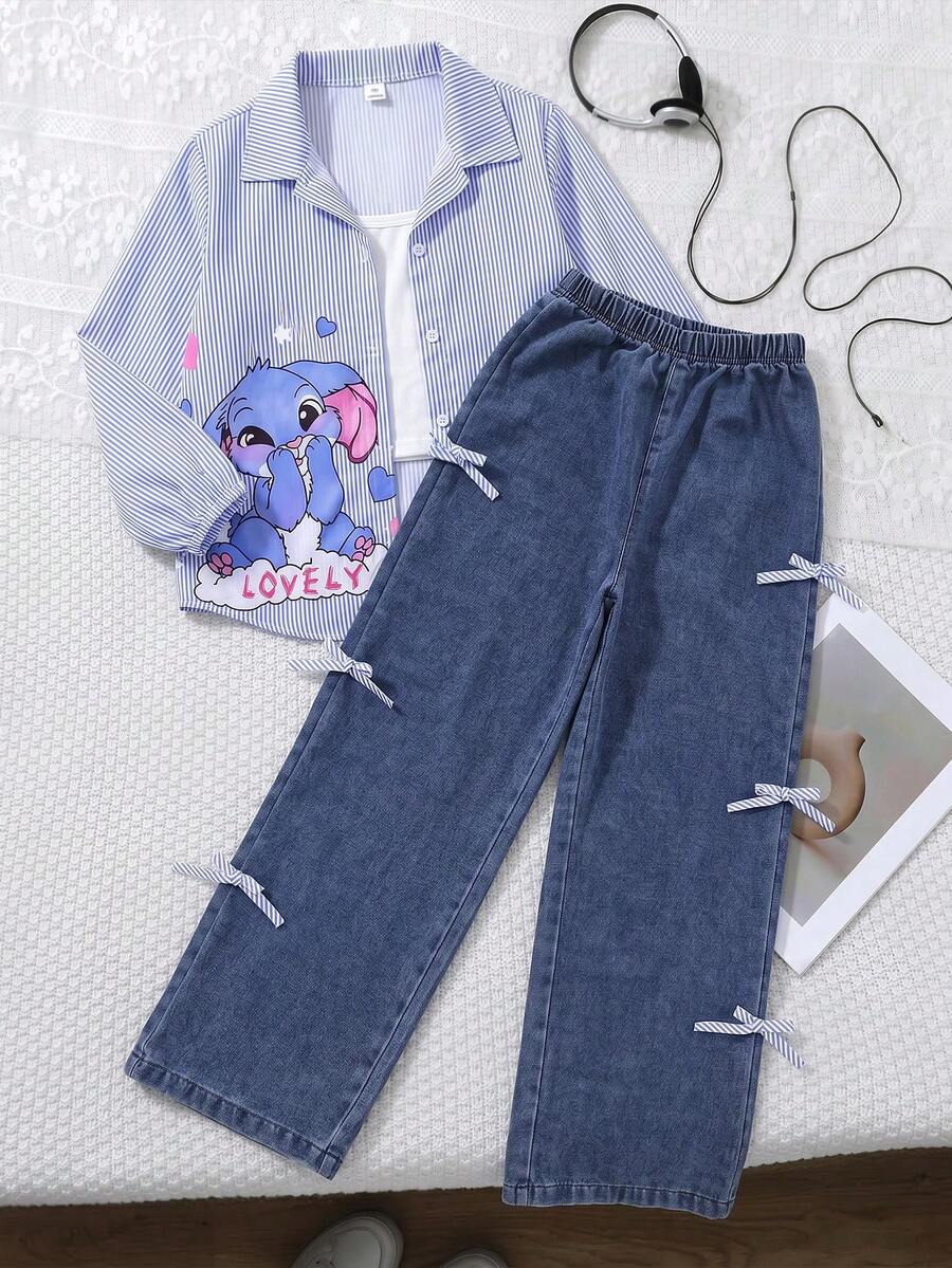 SHEIN 3件組青少年女孩史迪奇藍白條紋印花襯衫、牛仔褲與吊帶背心上衣,適合日常、上學、早午餐、度假等多種場合,輕盈適合春夏季穿著 - 藍色 - 查看 1