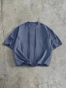 Manfinity RebelGame Men's Summer Casual Street Wear Loose Fit Plus Size Short Sleeve T-Shirt Dusty Blue Color Block Plain No Print Work City Break - Dusty Blue - View 1