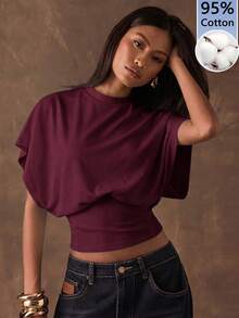 SHEIN BAE 95%棉 全寬短袖女款T恤 酒紅色 適合夏季 - 酒紅色 - 查看 1