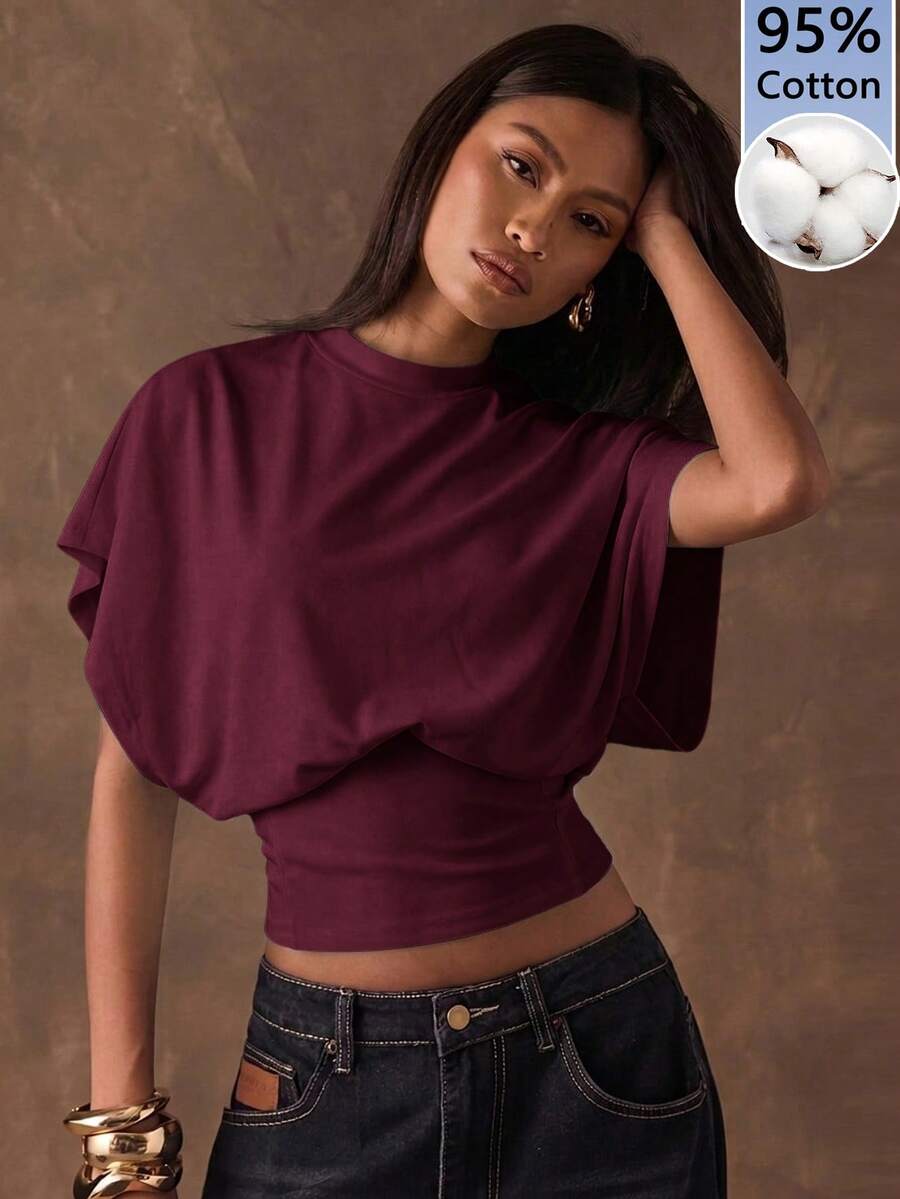 SHEIN BAE 95%棉 全寬短袖女款T恤 酒紅色 適合夏季 - 酒紅色 - 查看 1